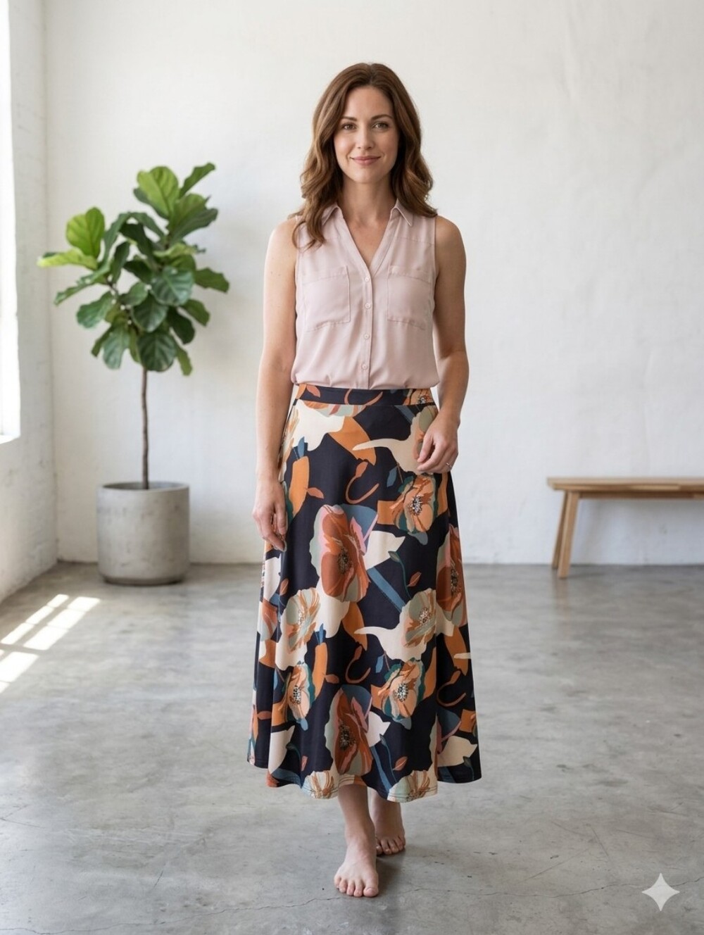 #4 Blush Button Up with Floral Midi Skirt